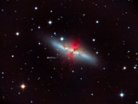 140129 M82 SN2014j LRHaGB an  About 11 and a half million years ago a star exploded in the 82nd object Charles Messier catalogued also known as the Cigar Galaxy.  Eight days ago the light of that explosion finally arrived to Earth and now we can see it with modest telescopes.  Supernova SN2014j shines at an estimated magnitude of 10.5  Last night it finally cleared up at the Hut so even though the temperature was close to 0*F I decided to try to image this new friend.  Here is my rendition of SN2014j in M82 with the supernova annotated.  It is composed of 50 minutes each of Luminance, Red, Green, Blue and Ha.  The RGB subs were  of 5 minutes and the Ha subs were of 10 minutes each. Image Details: Date:1/29/14 Location: Hutville, OH Mount: Paramount ME Camera: Apogee U16M Optics: Planewave CDK-17 Exposure: L=R=G=B = 10x300 secs, Ha 5x600 secs Processing: PixInsight
