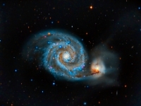 20150525 M51 10x300 LRGB HM  Here is my interpretation of  M51 or the Whirlpool galaxy in the constellation of Canes Venatici near the asterism of the Big Dipper, ~23 million light-years distant.  I was very pleased with how the tidal disruptions show up on the interacting galaxy NGC 5195.  Note the tiny edge-on galaxy IC4177 on the lower right. Not a lot of signal, 30 minutes each of Luminance, Red, Green and Blue (LRGB) captured during the Spring of 2015. Date:5/25/15 Location: Hutville, OH Mount: Paramount ME Camera: Apogee CG16M Optics: Planewave CDK-17 Exposure: L=R=G=B = 10x300 secs Processing: PixInsight