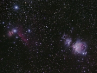 111025 M42 DBE ht HDR ACDNR cr  Widefield image of the Great Orion Nebulae complex.  The following objects can be seen: on the lower right, the Great Orion Nebula (M42) and the Running Man Nebula (NGC1977), on the left side, The Horsehead Nebula (Barnard 33) in fornt of IC 434. The Flame Nebula (NGC2024), around the Flame IC 432, NGC 2023 and Alnitak, the easternmost of the three distinctive stars in Orion's belt can also be seen. Image Details: Date: 10/25/2011 Location: New Mexico Skies, NM Mount: Astrotrac I Camera: Canon 40D Optics: Canon 70-200 2.8L @ 200 mm Exposure: 10 x 120 sec Processing: PixInsight