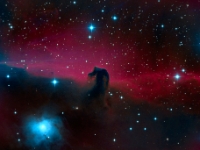 131227 IC434 Horsehead HaRGB  At around 1500 light years away The Horsehead Nebula or Barnard 33 is a dark nebula by the bright star Alnitak in the constellation Orion.  The dark cloud blocks the light of the emmission nebula IC434 behind.  In this image we also see NGC 2024 a beautiful reflection nebula that stands in front of the Horsehead relative to us.  This image is a composite of 5 2/3 hours of Ha, Red, Green and Blue signal. Image Details: Date:12/27/13 Location: Hutville, OH Mount: Paramount ME Camera: Apogee U16M Optics: Planewave CDK-17 Exposure: Ha=90 mins, R=95 mins, G=80 mins, B=75 mins Processing: PixInsight