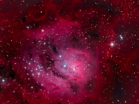 20140827 M8 LRGB 7x5m  The Lagoon Nebula aka M8 is located in the Sagittarius constellation.  M8 is around 5000 light-years distant and is quite bright and large. Easily visible with binoculars from a suburban location and even visible with the naked eye from a dark site.  In the image you can see distinctive dark clouds of protostellar material called Bok globules.  Famed astronomer John Herschel named the very center of the Lagoon nebula the Hourglass Nebula, it has a very intricate structure. Date:8/27/14 Location: Hutville, OH Mount: Paramount ME Camera: Apogee CG16M Optics: Planewave CDK-17 Exposure: L=R=G=B = 7x300 secs Processing: PixInsight