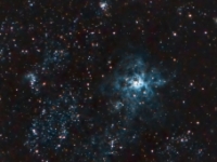 20150422 Tarantula 6x15  Here is my interpretation of the Tarantula Nebula.  This nebula resides at the leading edge of the Large Magellanic Cloud in the constellation of Dorado at around 160000 light years distant.  The image is very noisy as it is composed of only six 15-second images taken with the T5i at ISO 12800.  This was captured at Coonabarabra, NSW Australia during the Oz Sky Star Safari in April 2015. Date:4/22/15 Location: Oz Sky Star Safari, Coonabarabra, NSW Australia Mount: Astrotrac Camera: Canon T5i Optics: Canon 70-200 f/2.8 + 1.4x Teleconverter at 280mm f/4 Exposure: 6x15 secs Processing: PixInsight