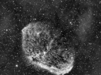 20160716 NGC6888 Ha 12x600s  This is the beginning of a composition I will be making this summer. It is NGC 6888 the Crescent Nebula. This image is composed of 12-10 minute images through an Ha filter. I intend to add color to it at a later date. The Crescent Nebula is an emission nebula powered by a Wolf-Rayet star in the constellation of Cygnus (The Swan). The star is dying very quickly and it has shed a lot of it's star matter and continues to do so at a very high rate. NGC 6888 is around 5000 light-yeas distant and is rather dim. It can be seen with a modest telescope, an OIII or UHC filter helps tremendously. Date:7/17/16 Location: Hutville, OH Mount: Paramount ME Camera: Apogee CG16M Optics: Planewave CDK-17 Exposure: Ha = 12x600 secs Processing: PixInsight